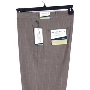 Perry Ellis Mens Modern Fit Dress Pants 34x30 Tan Blue Windowpane Stretch NWT
